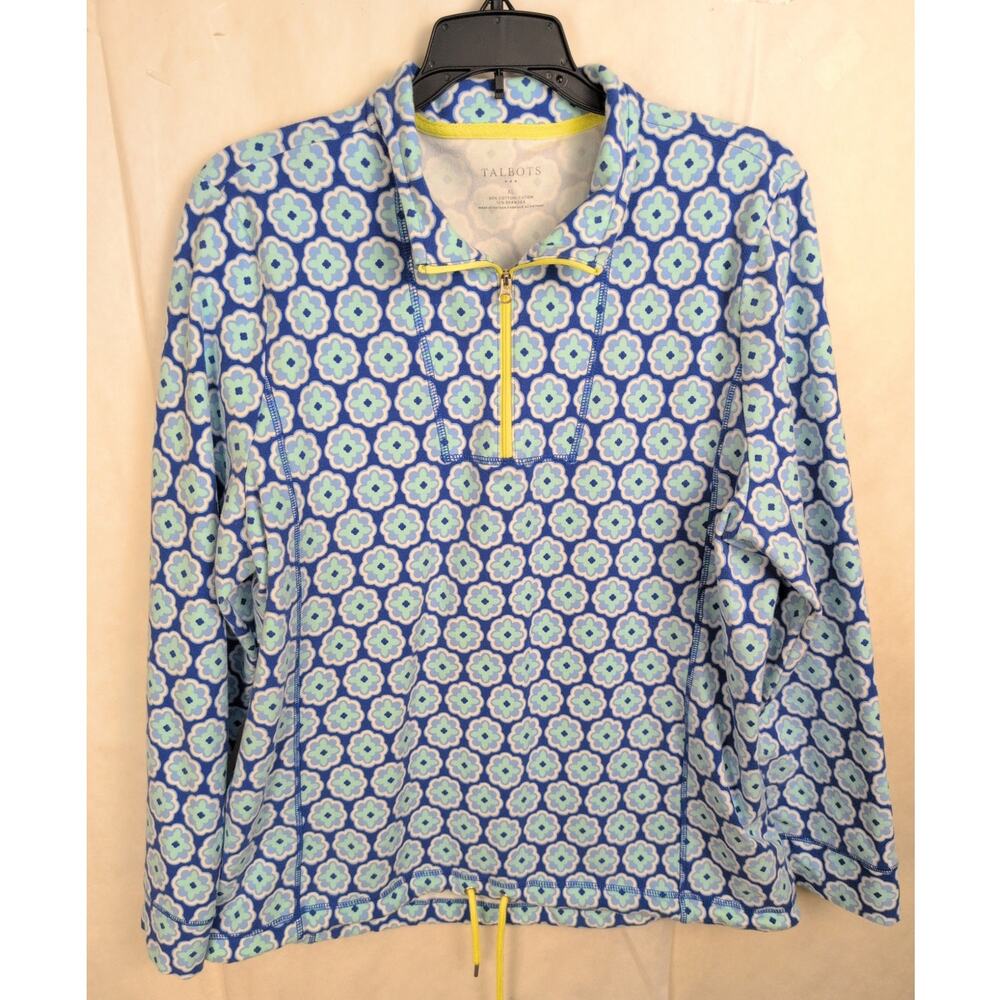 Talbots blue floral print 1/4 zip Size XL Retro Coastal Resort Colorful Casual